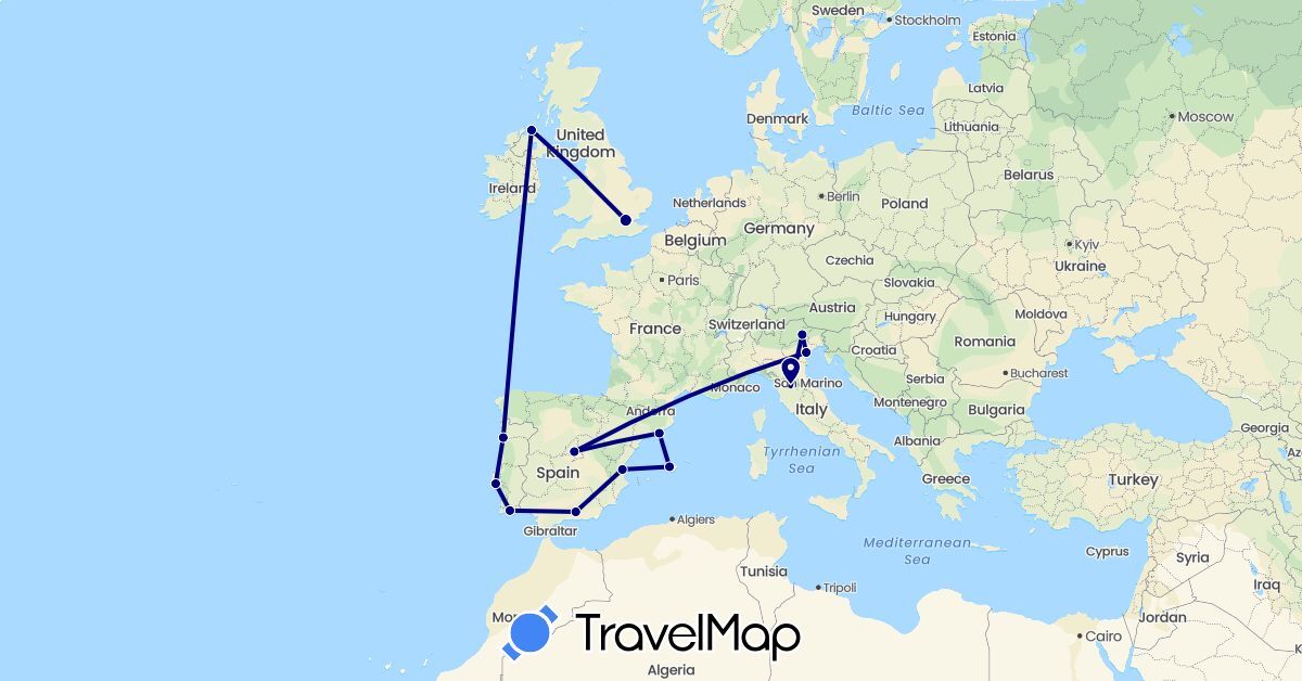 TravelMap itinerary: driving in Spain, United Kingdom, Italy, Portugal (Europe)
